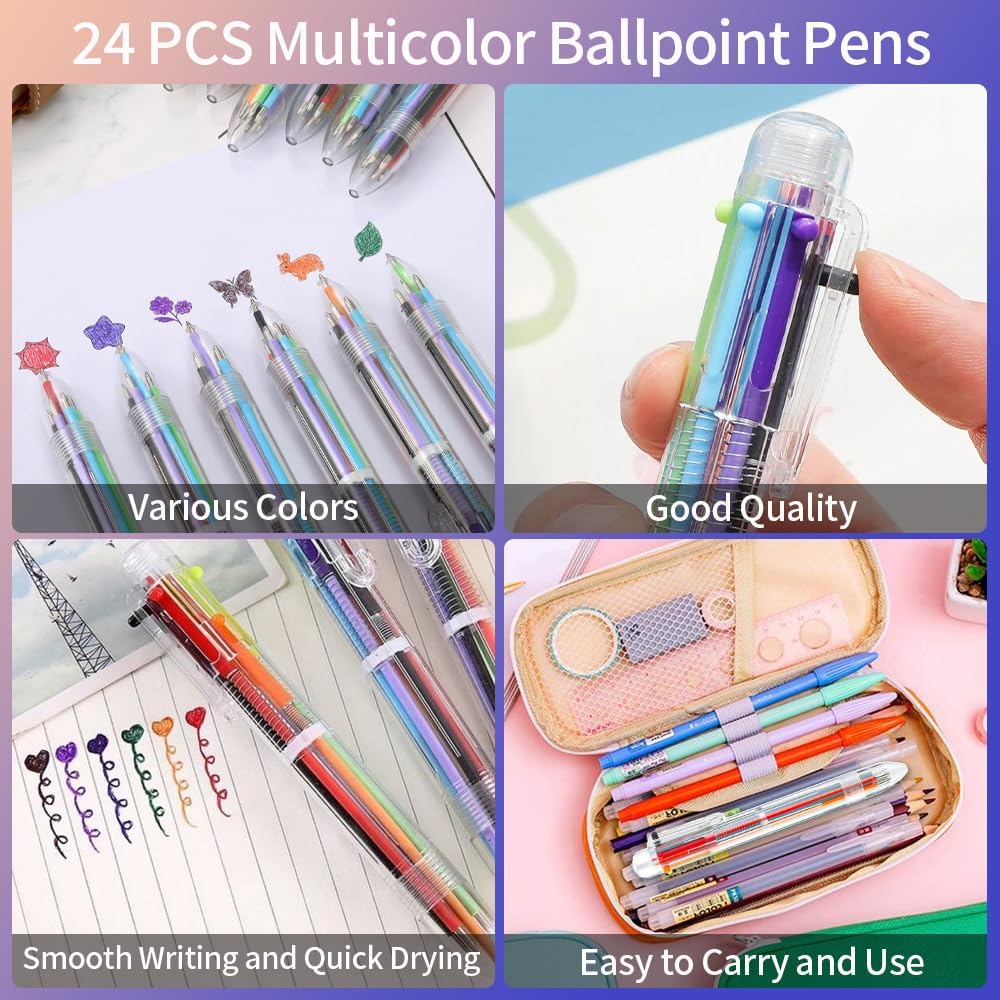 24 PCS Ballpoint Pens for School 6-in-1 Colored Pens Ballpoint