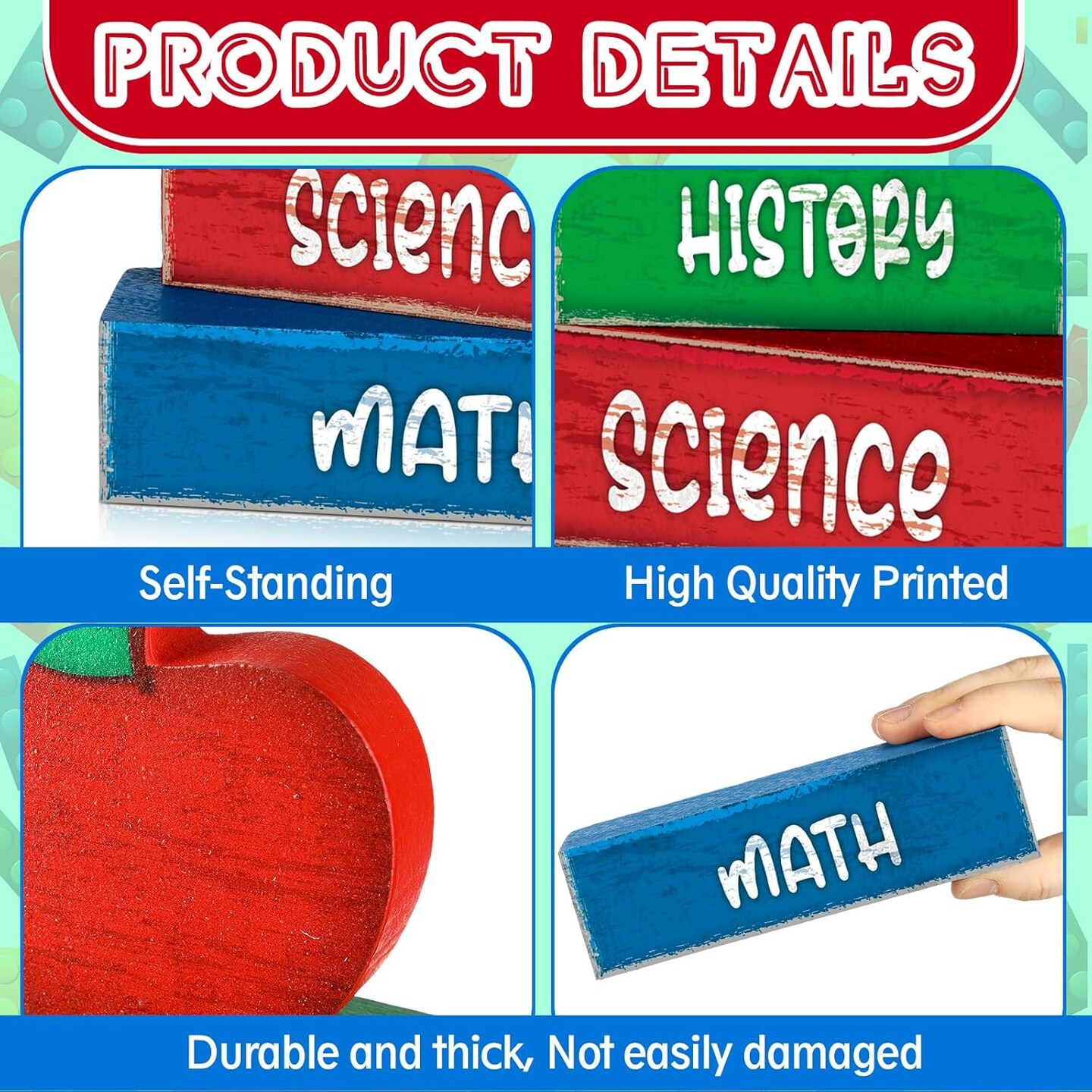 Back-to-school decorations with bus, apple, and rustic wood block sign for tiered tray or mantel.