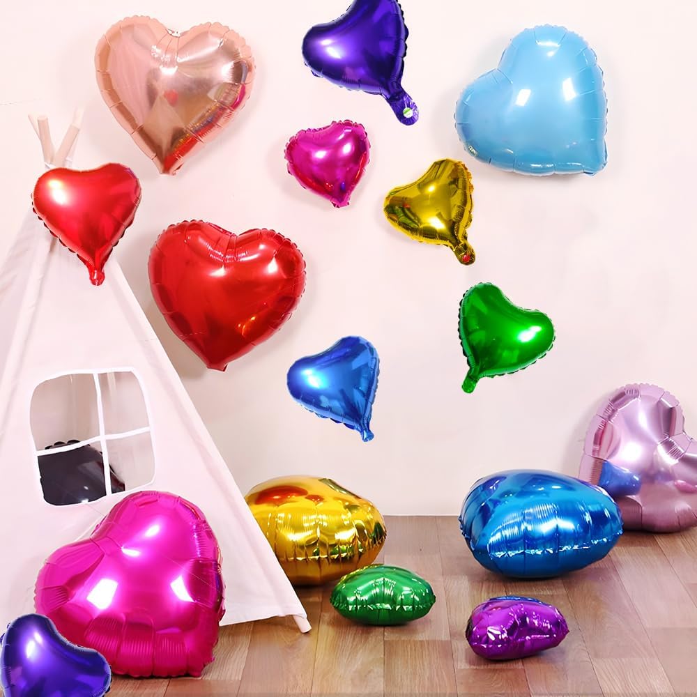 30-Pack 10in Small Heart Foil Balloons – Red, Gold, Green, Blue, Rose & Purple for Wedding, Party & Birthday Decor