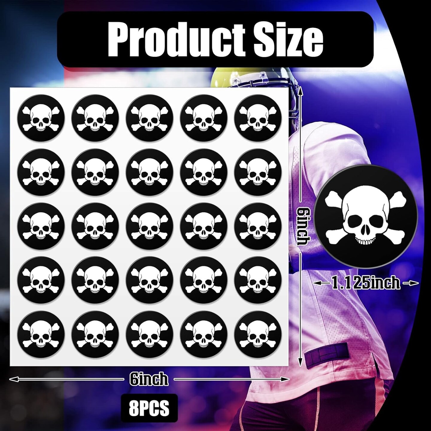 Skull Helmet Award Decals Youth Football Baseball Helmet Stickers 1-1/8'' Vinyl Stickers Self Adhesive Hockey Lacrosse(Black Print White,8 Sheets)