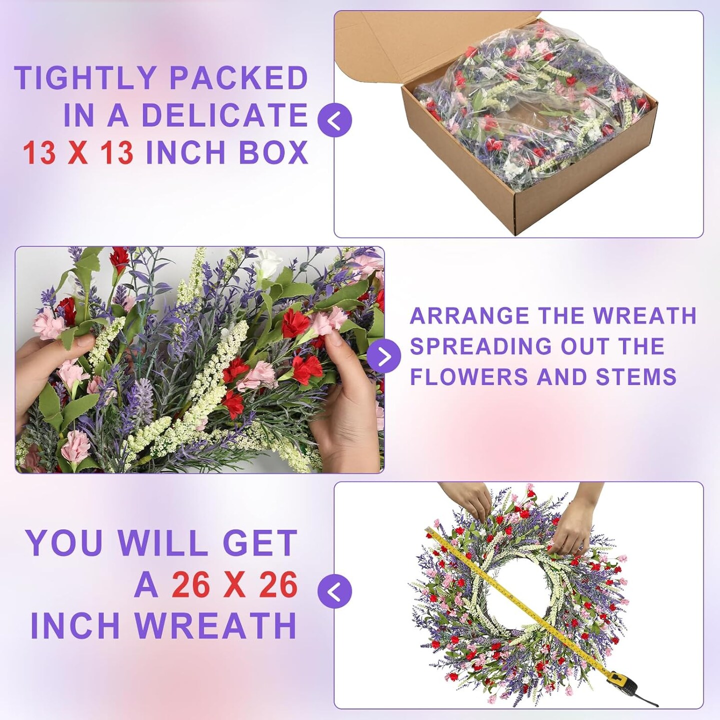26 Inch Lavender Wreath Summer Wreaths for Front Door Wreaths for Front Door for Wedding Farmhouse (Red Pink Lavender)