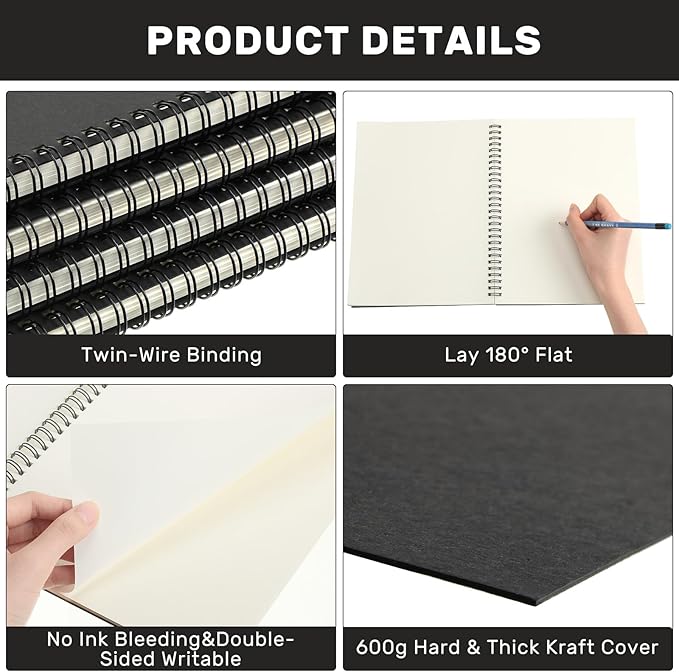 12 Pack Sketch Books Bulk 7.5&#x22; x 10&#x22; Spiral Bound Sketch Pads for Drawing Hardcover 60 Sheets Bulk Sketchbooks 100gsm (Black)