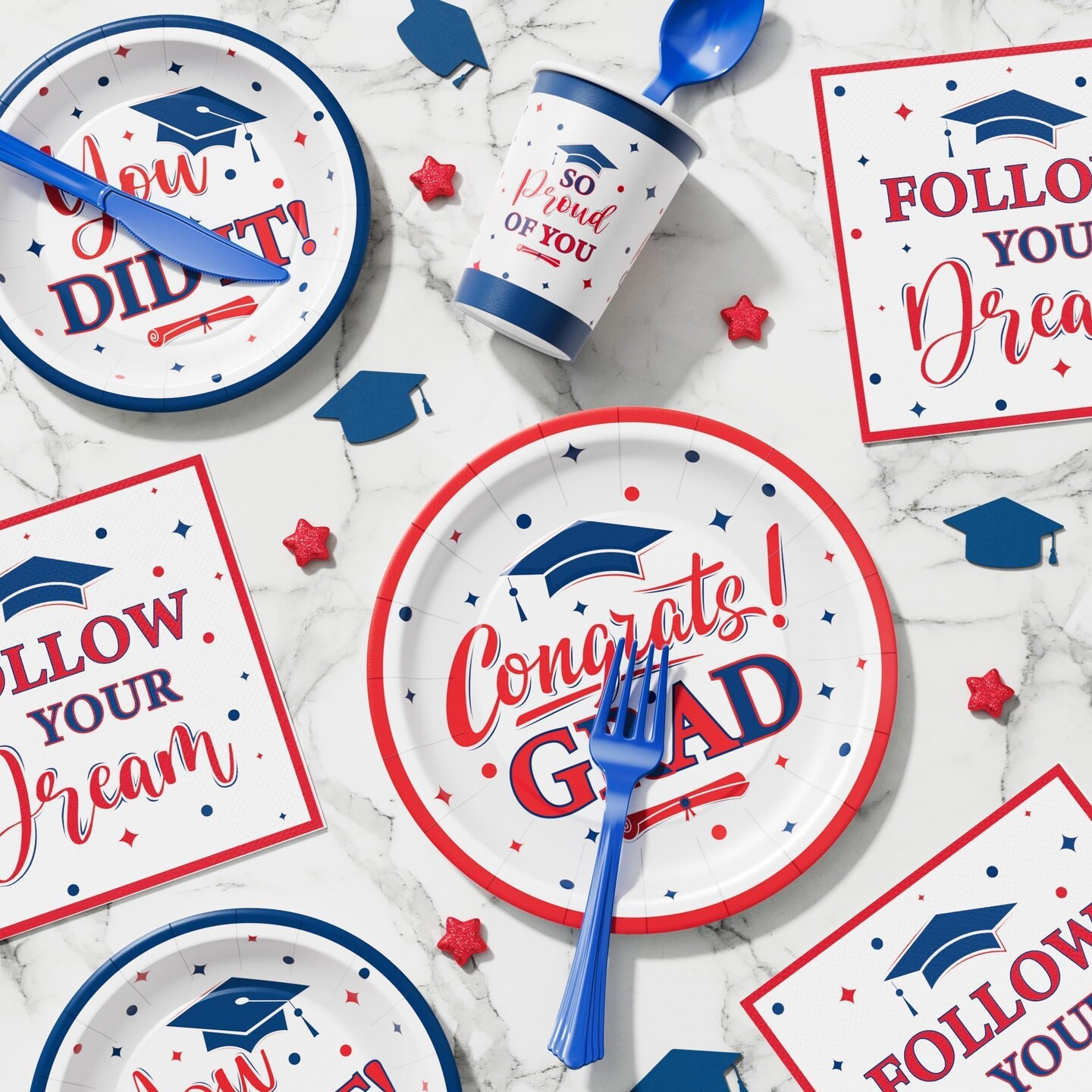 Graduation Decorations Class of 2026, 350 PCS Graduation Party Supplies College High School Grad Decor Disposable Dinnerware (Serve 50) Paper Plates Cup Napkin Fork Knife Spoon (Red & Blue)