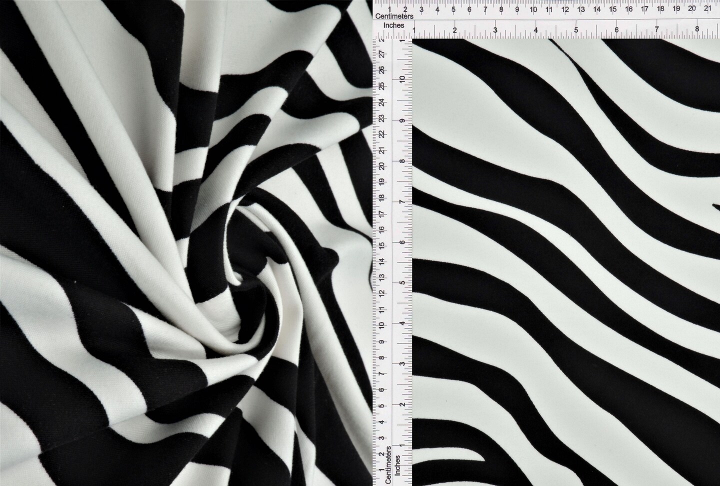 1 Yard Brushed DTY Zebra Print Knit Fabric 170 GSM, 58/60″ Wide Polyester Spandex Blend Black/Ivory