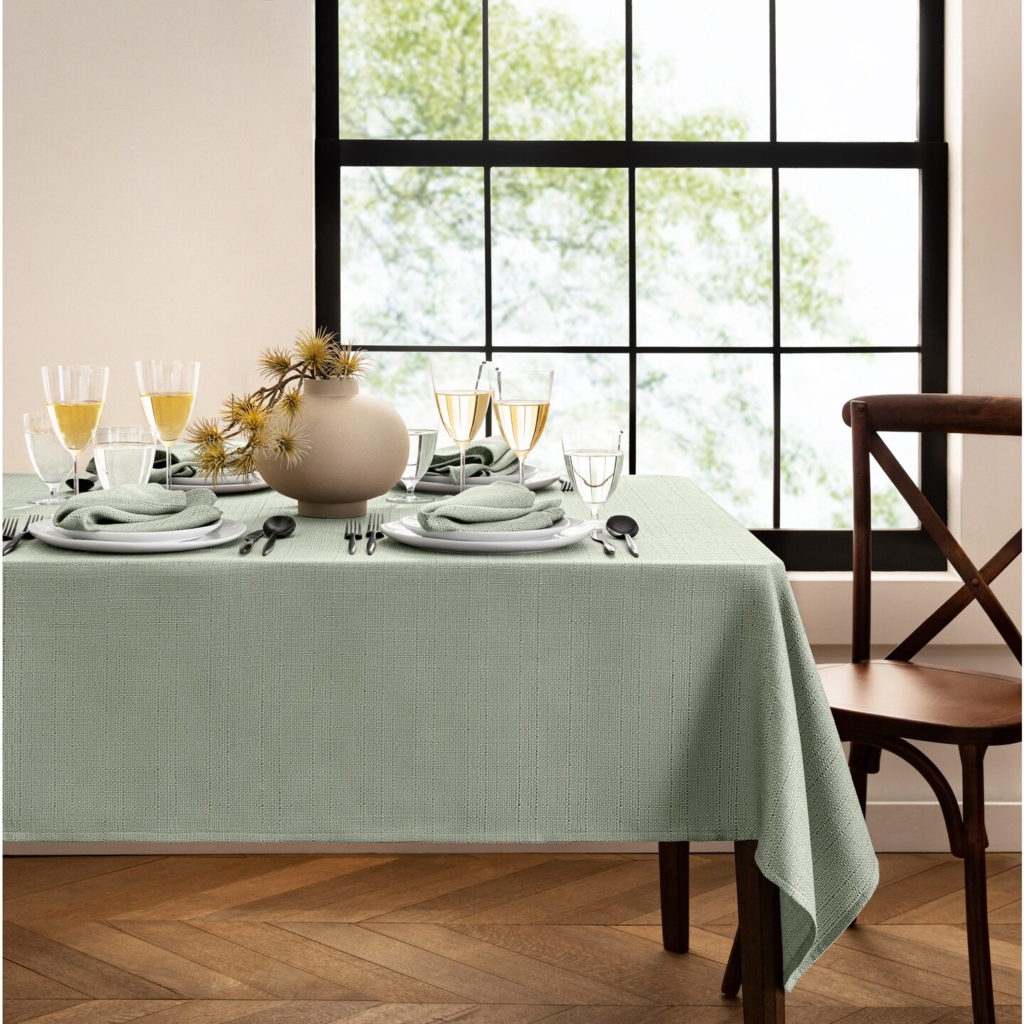 Threadmade Home Laurel Solid Texture Water Resistant Tablecloth, Sage - 60"W x 144"L