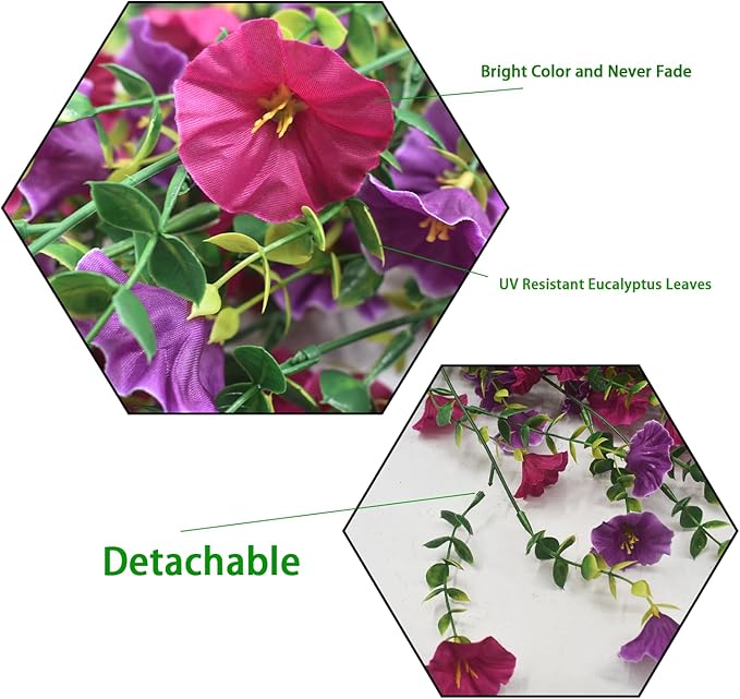 2 Pcs Look Real Artificial Flowers for Outdoors Artificial Hanging Flowers for Outdoors, UV Resistant Fake Hanging Plants Silk Petunia Faux Flowers for Porch Yard Spring Decor (Purple+Fuchsia)