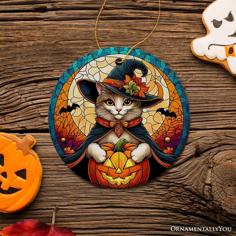 Enchanted Cat Witch Stained Glass Style Ceramic Ornament, Halloween Themed Christmas Gift and Decor