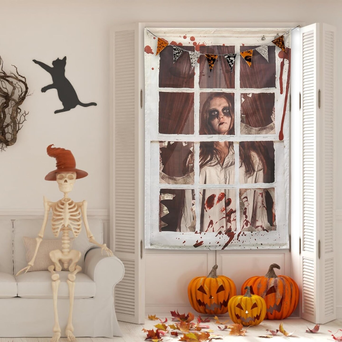 Scary Halloween Window Decorations, 31.5 * 47.2&#x22; Female Ghost Curtain, Silhouette with Hanging Accessories, Covers Decoration Indoor Outdoor, Drak Grey