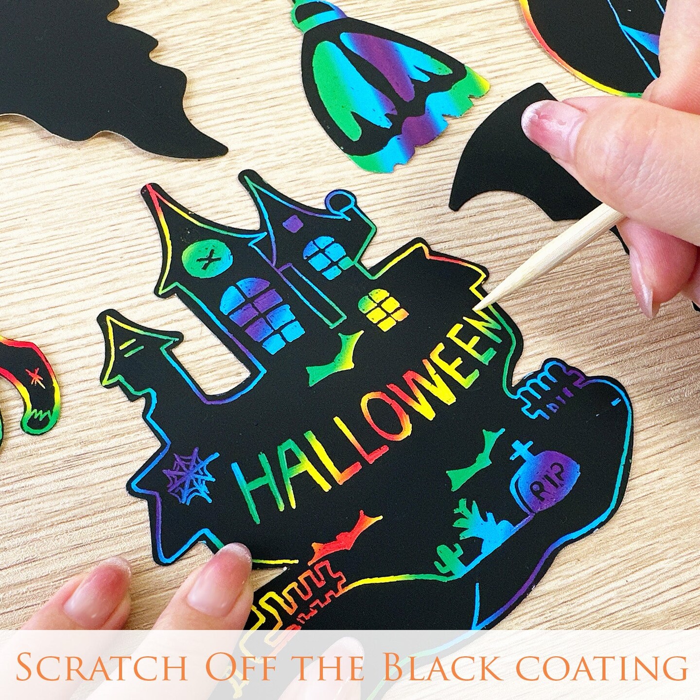 Wrapables 36pc Rainbow Scratch Arts Ornaments, DIY Magic Scratch Arts and Crafts, Halloween