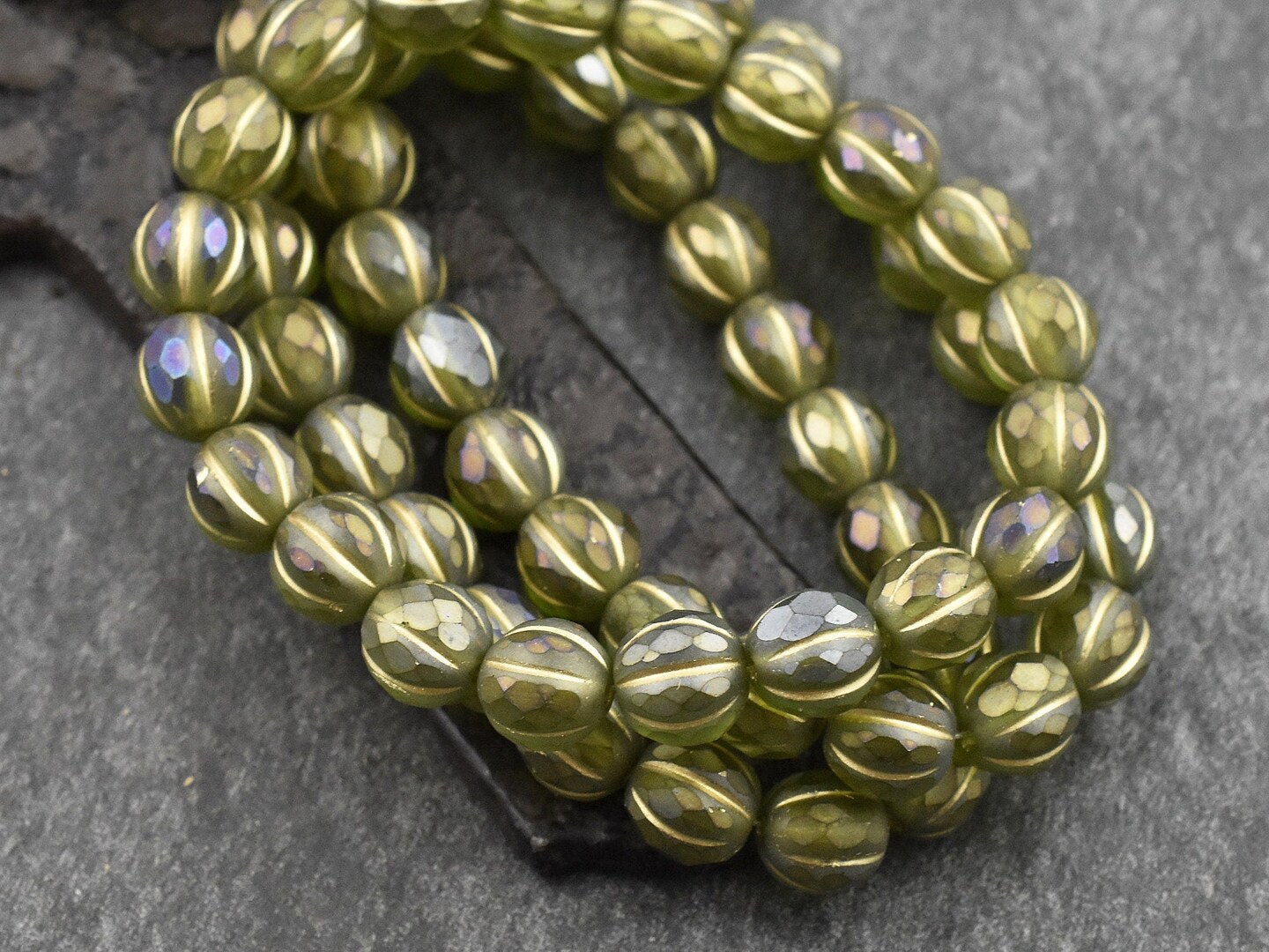 *20* 8mm Gold Washed Matte Olivine Luster Faceted Round Melon Beads