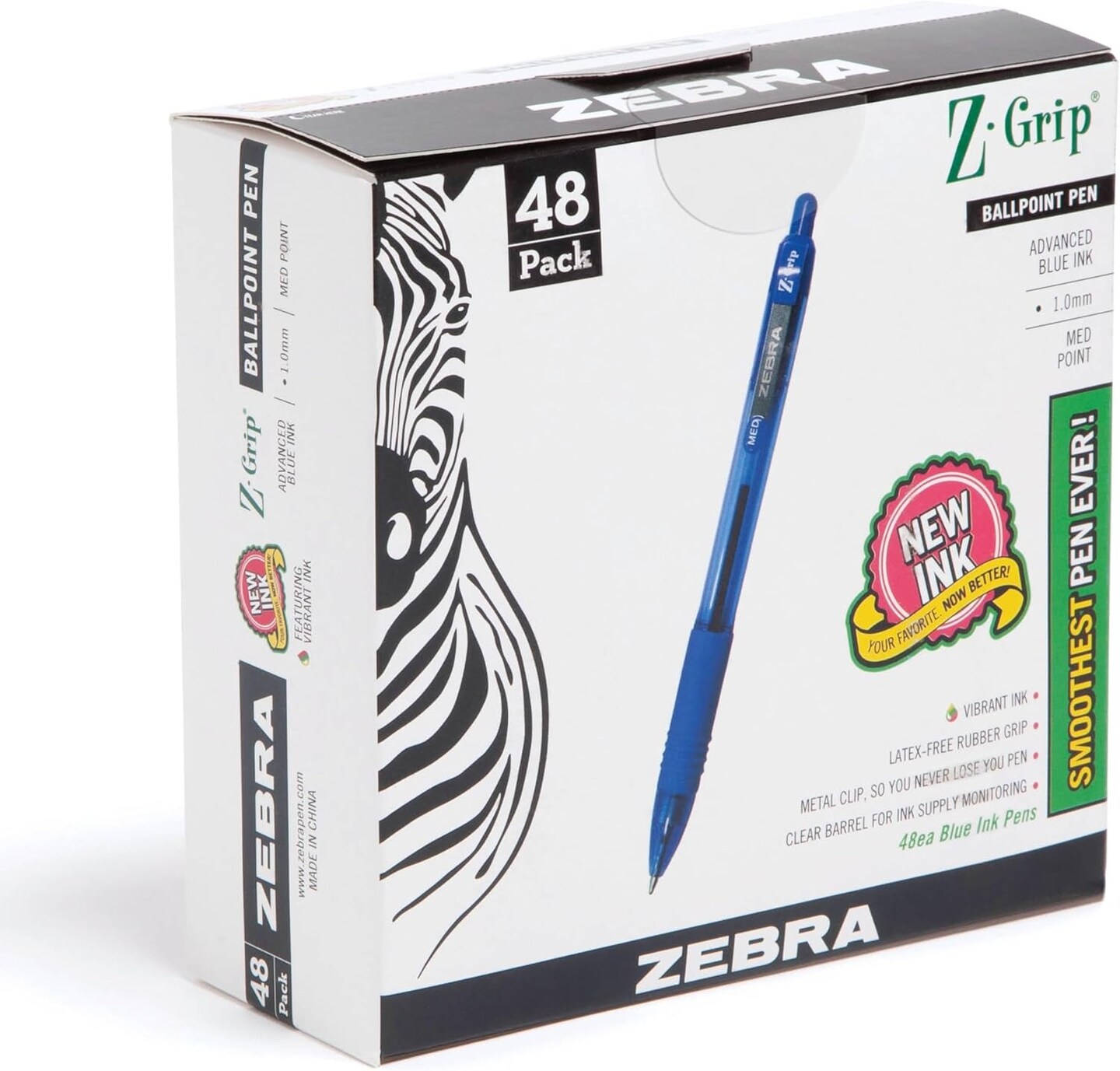 Pen Z-Grip Retractable Ballpoint Pen, Medium Point, 1.0Mm, Blue Ink, 48-Count