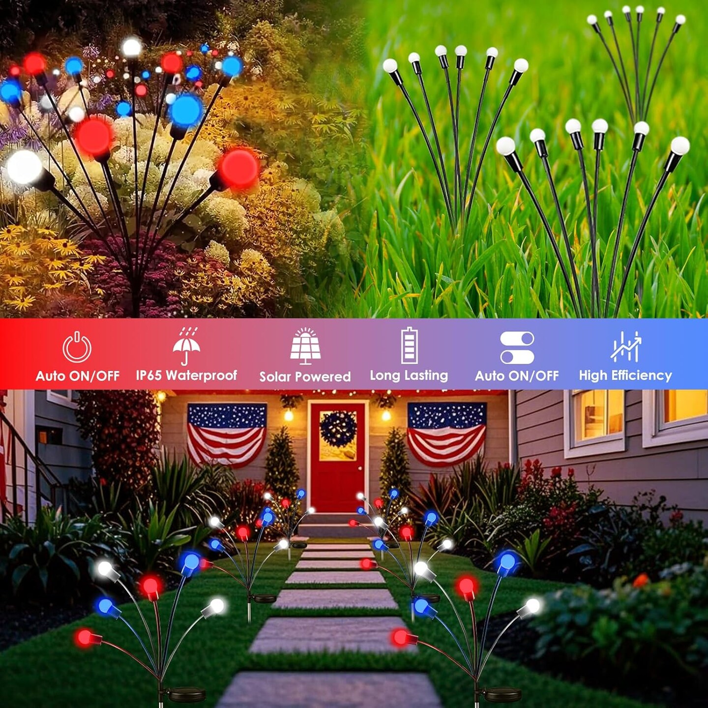 4pack Solar American Flag Lights - 4th of July Solar Garden Outdoor Waterproof Firefly Light for Memory Day, Independence Day, National Day Decoration (Red White Blue)