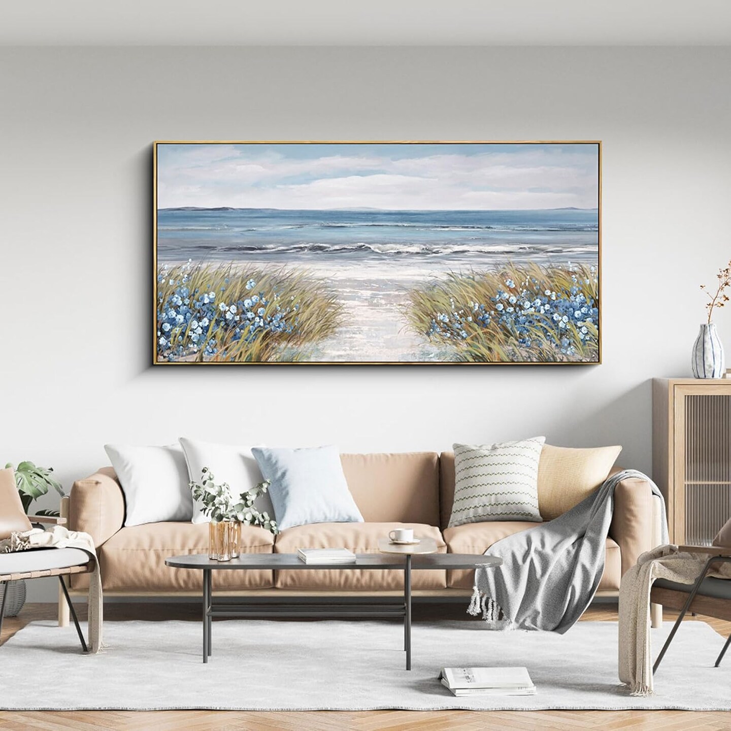 Framed Wall Art for Bedroom Decor - Farmhouse Boho Beach Coastal Vintage Floral Ocean Wall Picture Daisy Flowers Sea Canvas Print Nautical Neutral Seascape Artwork for Home Living Room