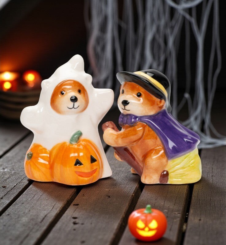 Ceramic Halloween Teddy Bear Witch and Ghost Salt and Pepper Shakers, Gift for Her, Mom, Kitchen Décor, Fall Décor