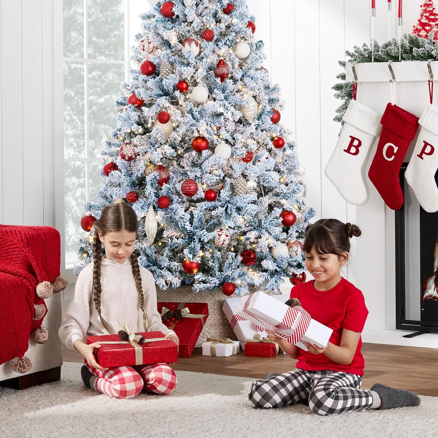 Snow Flocked Christmas Tree Full Pine with 250 White & Multicolor LED Lights, 928 Tips & Foot Switch Control