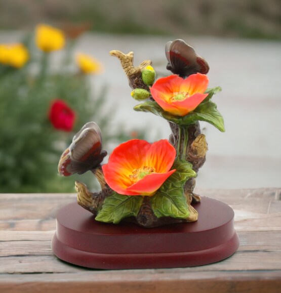Ceramic Poppy Flowers with Butterfly Figurine, Home Décor, Gift for Her, Gift for Mom, Nature Lover Gift