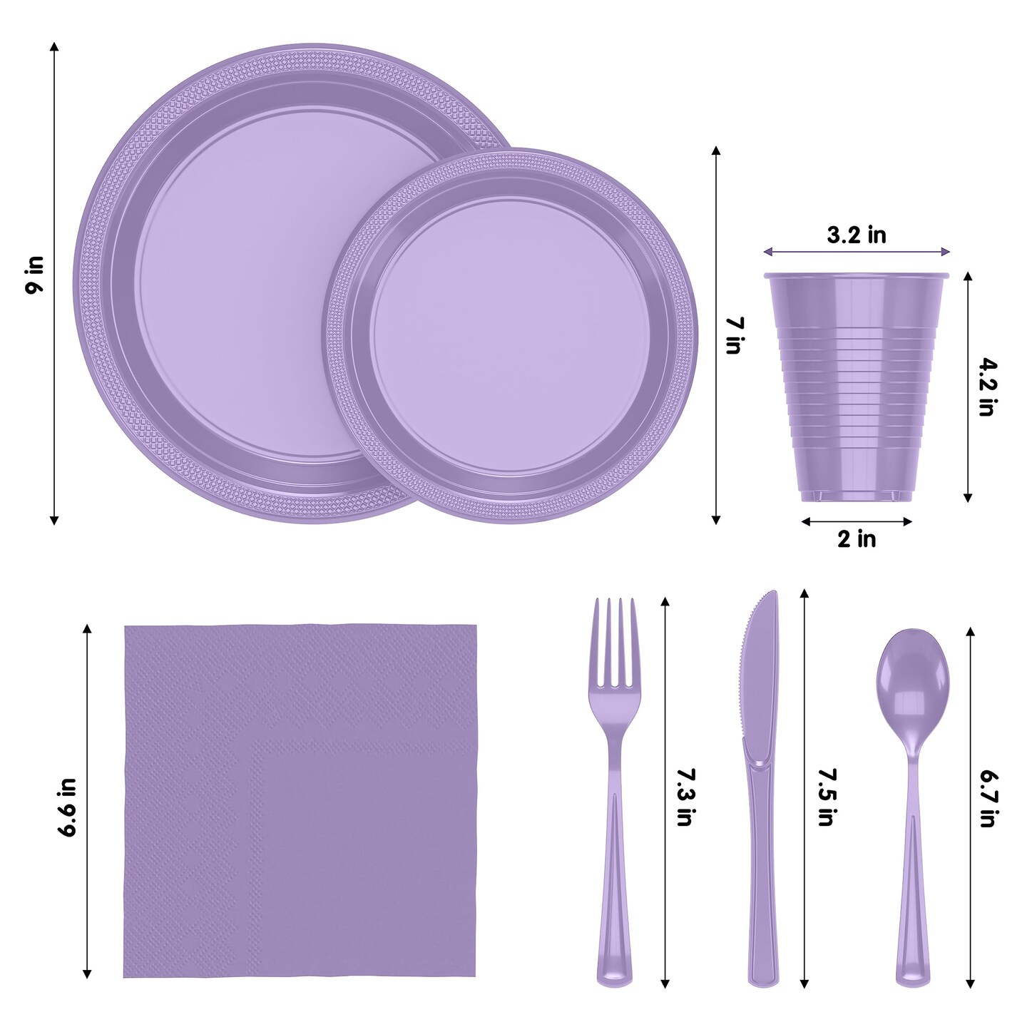 Exquisite 350 Pcs Plastic Plates for Party – Disposable Plates Set – 50 Each of 9" Dinner Plates, 7" Dessert Plates, Plastic Cups, Napkins & Plastic Cutlery – Plastic Dinnerware by Party Solids