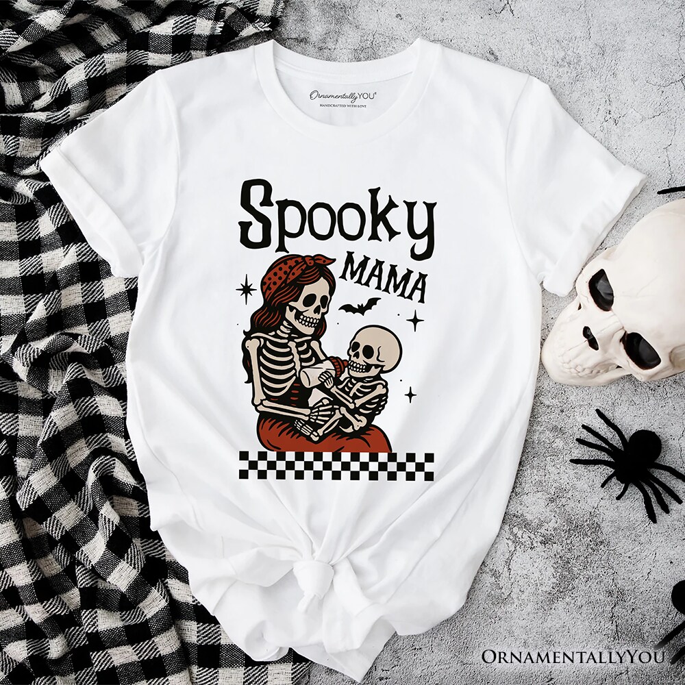 Spooky Mama Skeleton Halloween T-Shirt, Momster Retro Checkered