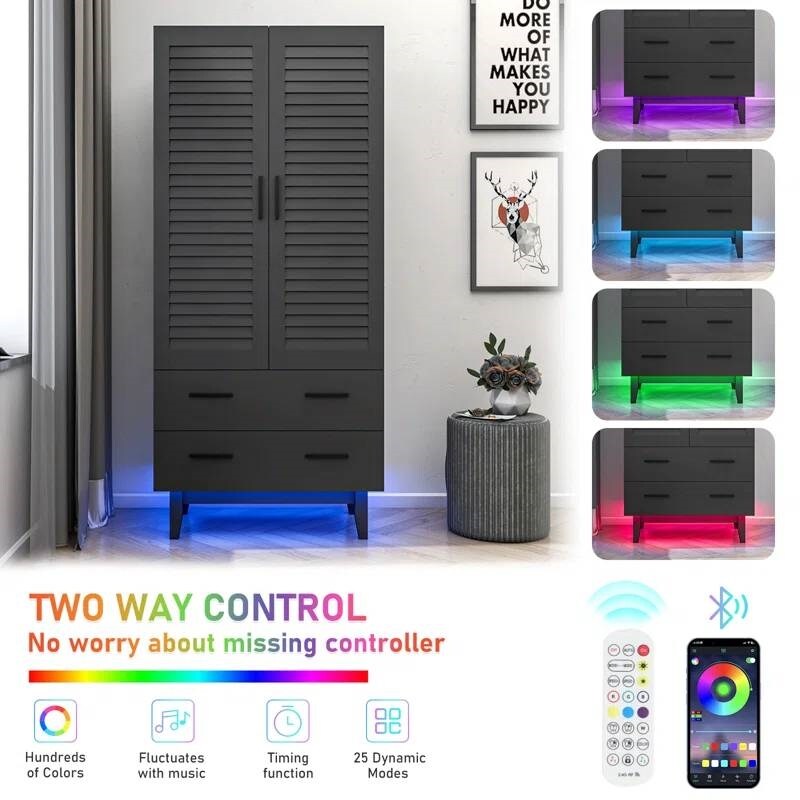 Matte Black Pine Wood Wardrobe with Adjustable Shelves and LED Lighting Drawers and Louver Doors