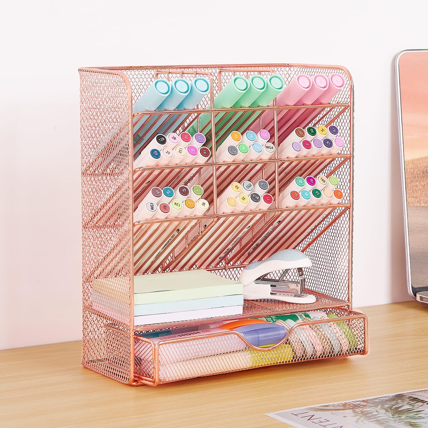 Spacrea Pen Holder Desk Organizer - Desk Organizers and Accessories, Pencil Holder with 10 Compartments and 1 Drawer&#xFF08;Rose Gold&#xFF09;
