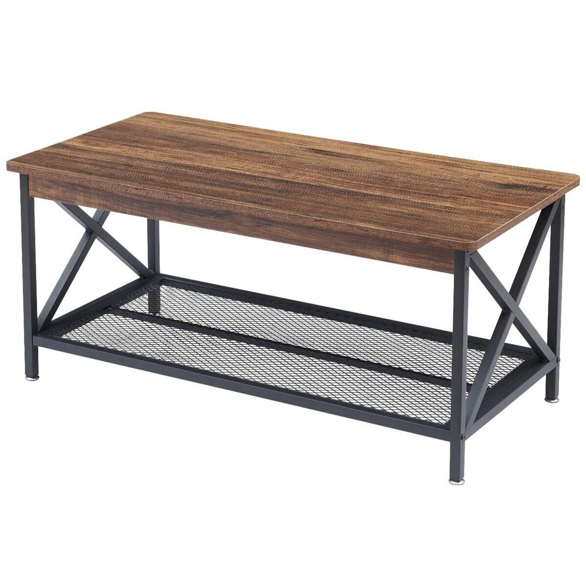 39.4" Modern Metal X Coffee Table with Brown Wood Grain Finish and 2-Tier Storage Shelf