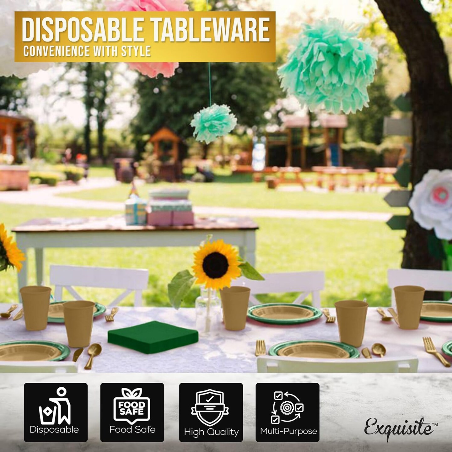 Exquisite 350 Pcs Plastic Plates for Party – Disposable Plates Set – 50 Each of 9" Dinner Plates, 7" Dessert Plates, Plastic Cups, Napkins & Plastic Cutlery – Plastic Dinnerware by Party Solids