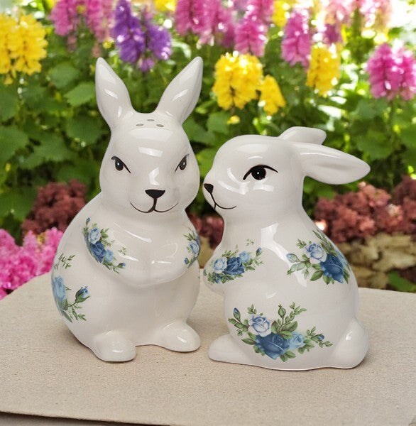 Ceramic Easter Rabbits with Blue Roses Pattern Salt and Pepper Shakers, Spring Decor, Easter Decor, Rabbit Lover Gift