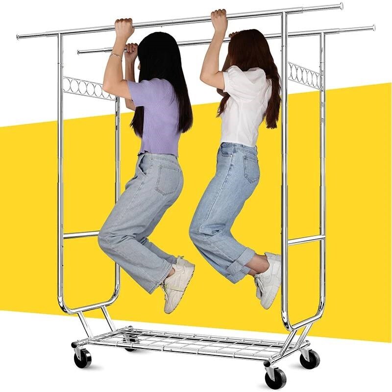 Silver Metal Double Bar Garment Rack with Wheels and Adjustable Height