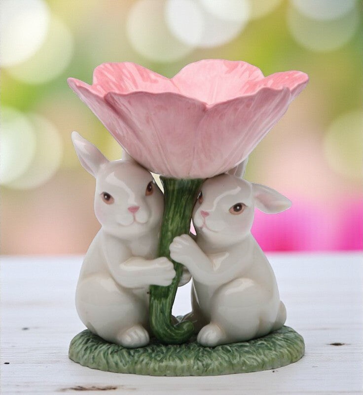Ceramic Easter Bunny Rabbits with Pink Flower Candle Holder, Gift for Her, Gift for Mom, Kitchen Décor, Spring Décor, Easter Décor