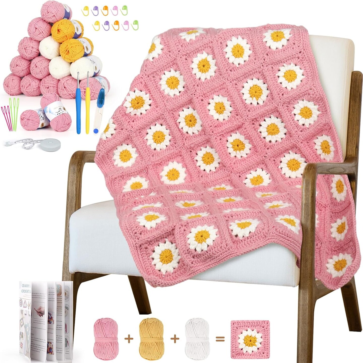 Granny Square Crochet Blanket Kit - Pink