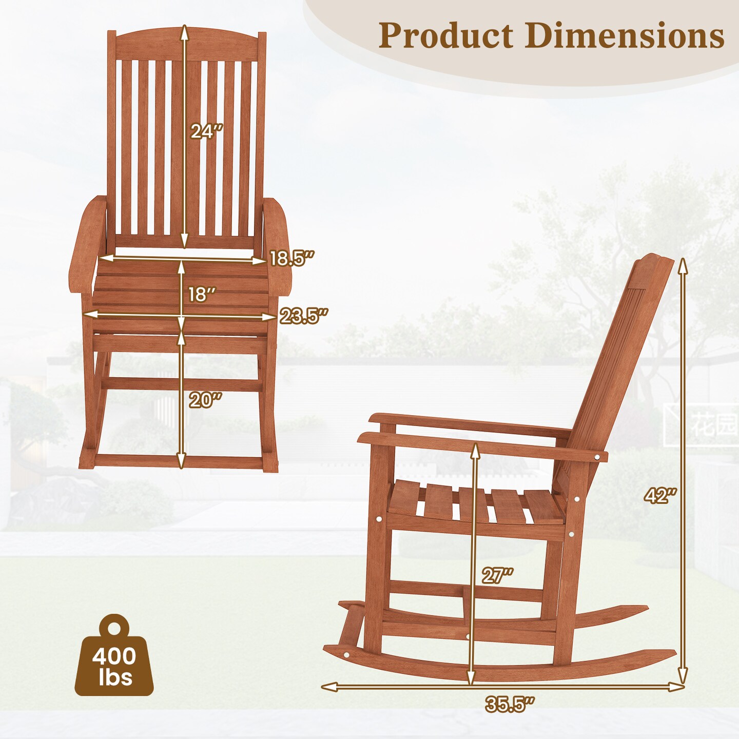 Solid Wood Outdoor Rocking Chair Natural Finish, Ergonomic High Back, 400 lbs Capacity