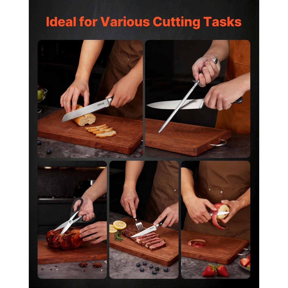 15-Piece Sharp Kitchen Knife Set with Block, Sharpening Rod and Durable Handles