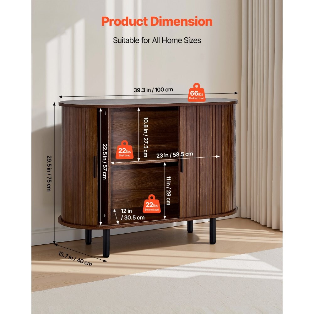 Walnut Mid-Century Fluted Coffee Bar Cabinet with 2 Sliding Doors Sideboard