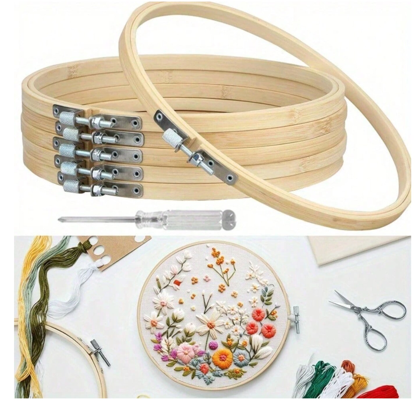 6-Pack Adjustable Bamboo Embroidery Rings – Round Cross Stitch Hoops for Sewing, Crafts & DIY Projects