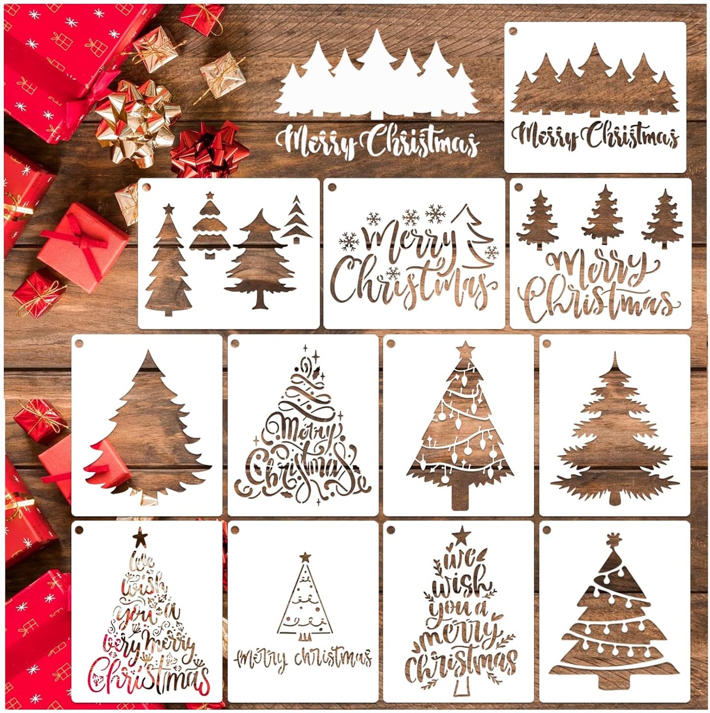 12 Pcs Christmas Tree Stencils for Painting(Holiday)6&#x22;L x 5&#x22;W