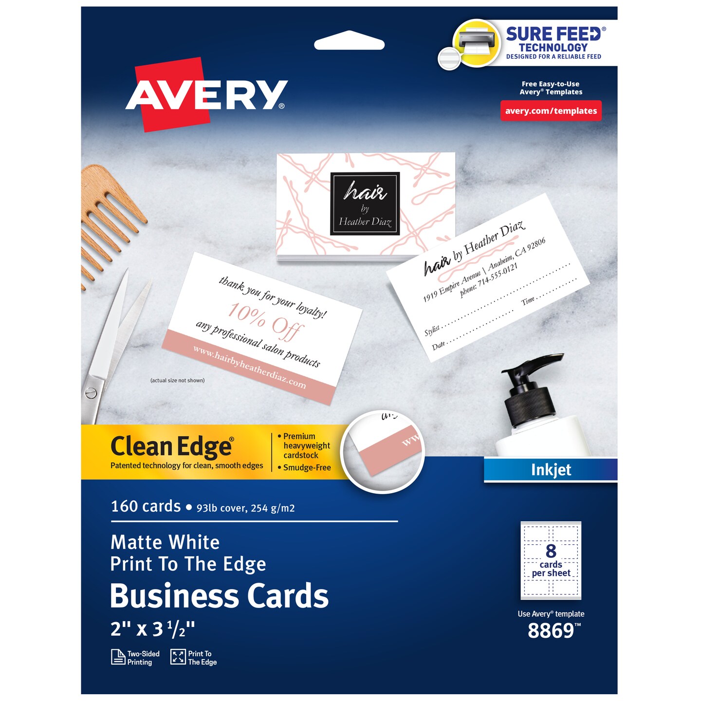 Avery Clean Edge Printable Business Cards with Sure Feed Technology, 2" x 3.5", White, 160 Blank Cards for Inkjet Printers (8869)