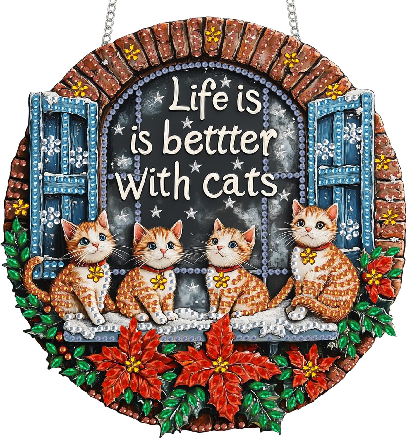 8x8 Inch Christmas Cat Acrylic Diamond Art Suncatcher