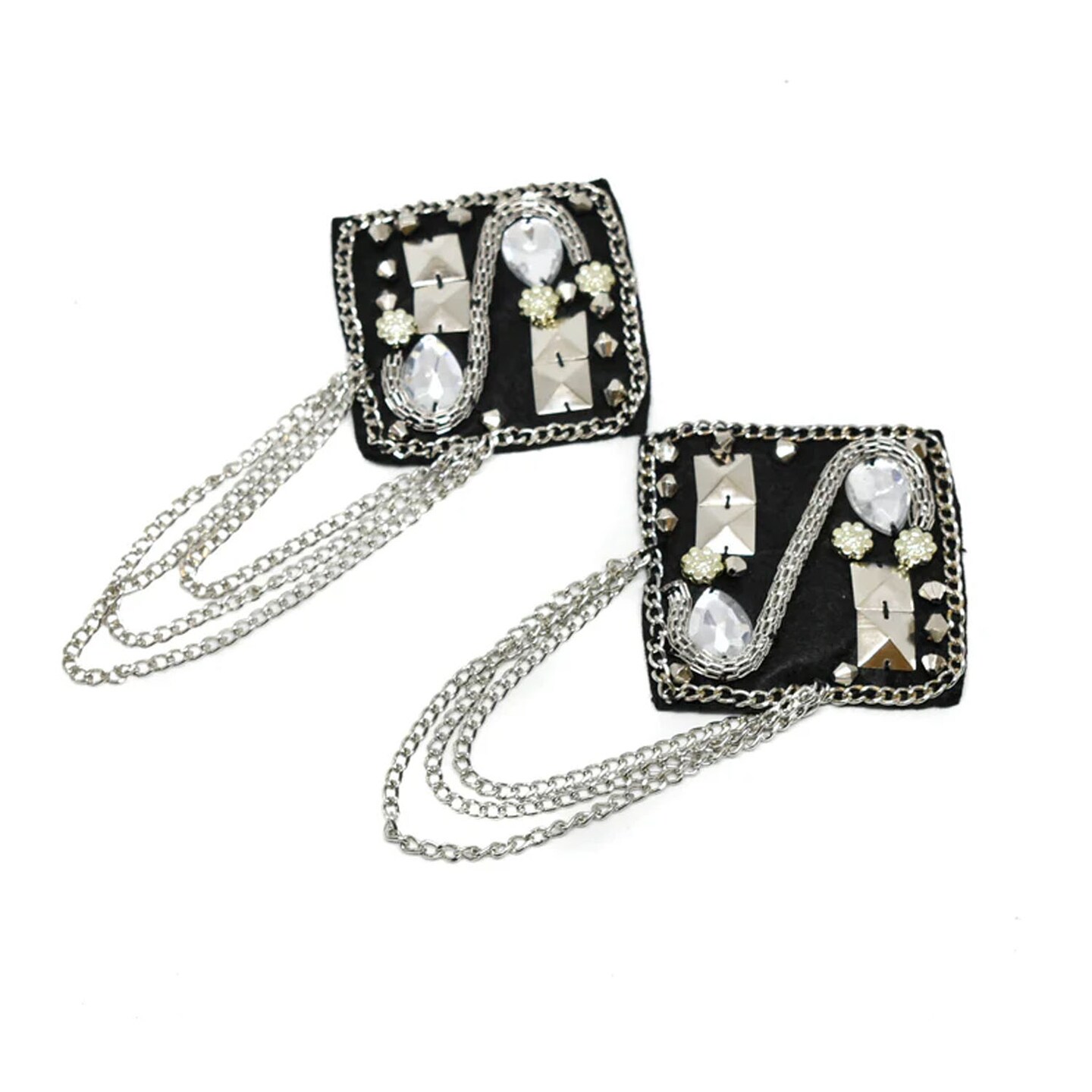 1 Yard Square Epaulet with Rhinestones Beads and Dangling Chain for Costume Jackets