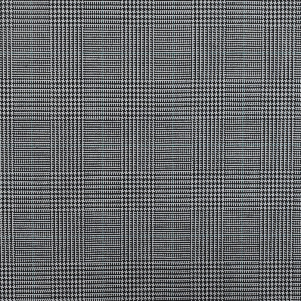 Light Gray-Black-Green Glen Plaid Wool-Poly Twill Woven Suiting Fabric By the Yard