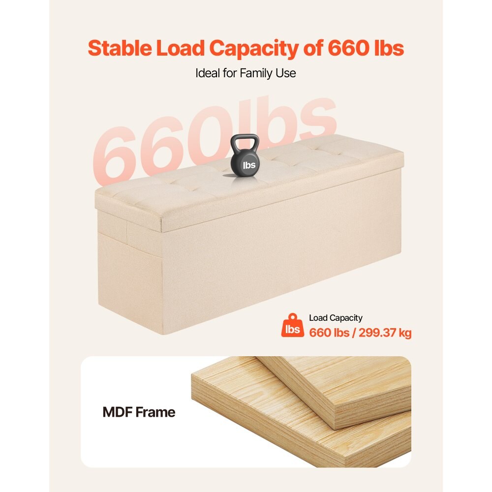 Storage Ottoman Bench Folding Linen Seat with Lid Side Pockets 660 lbs Capacity