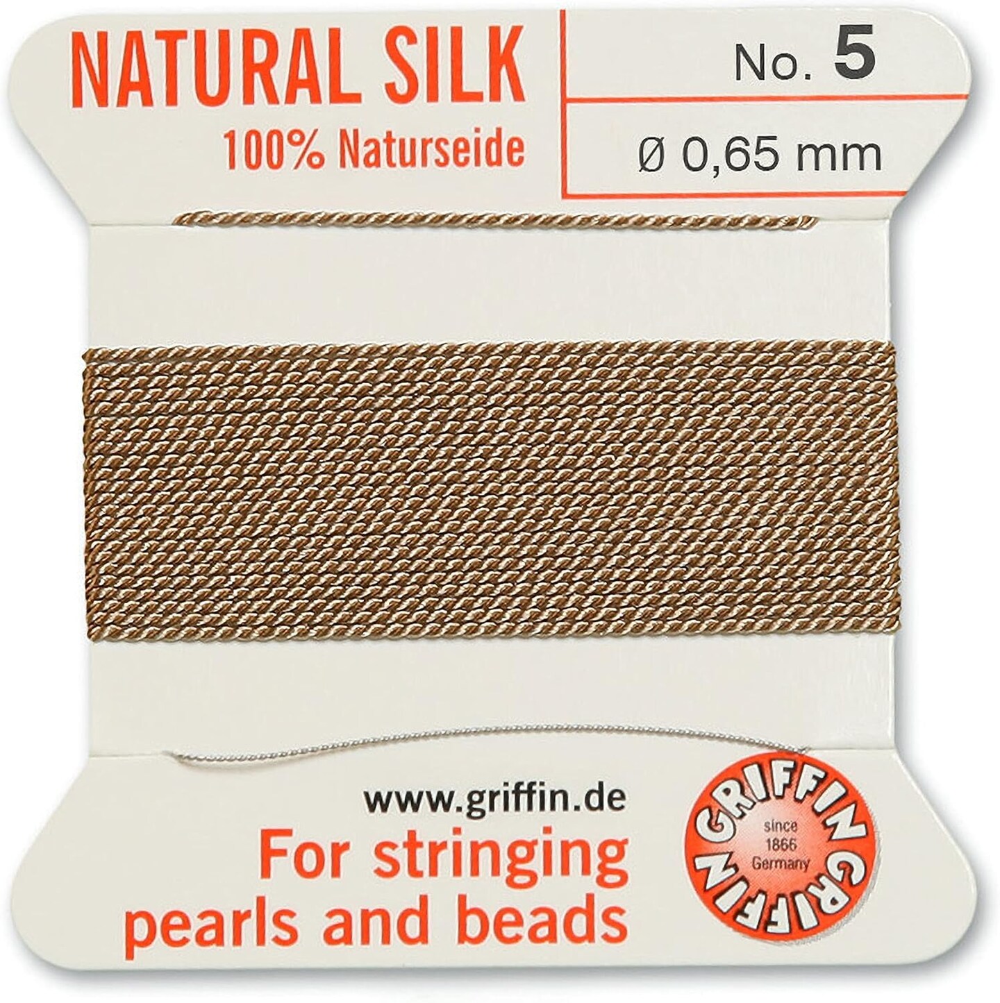 Griffin Silk Bead Cord Perlseide – Size 5 (0.65mm) – 2 Meters per Card – Stainless Steel Needle Attached – for Knotting Pearls, Gemstones, Crystals and Beads