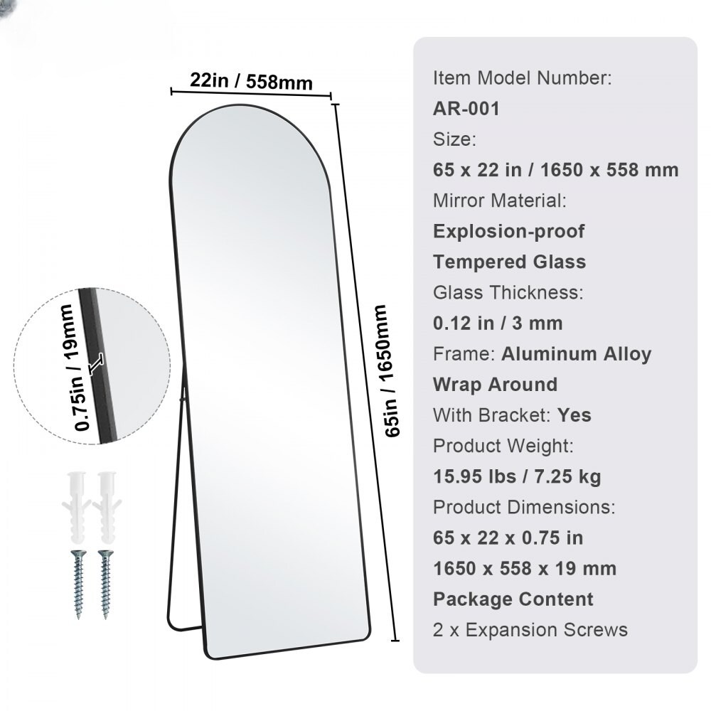 Arched Full Length Mirror 65 x 22 in Floor Mirror with Stand Aluminum Frame