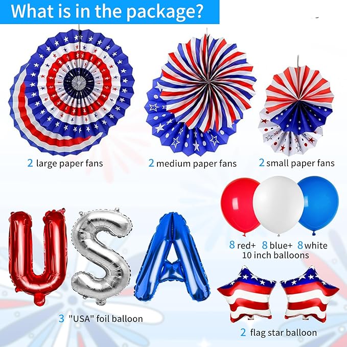 Patriotic Party Decorations Set 4th of July Decor Red White Blue Balloons, Paper Fans, UAS Star Foil Balloons for Veterans day, Labor Day, Presidents Day, Flag Day Party Decorations