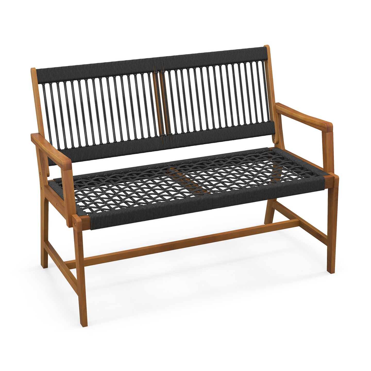 Acacia Wood Patio Bench with Rope Backrest and Armrests for Two