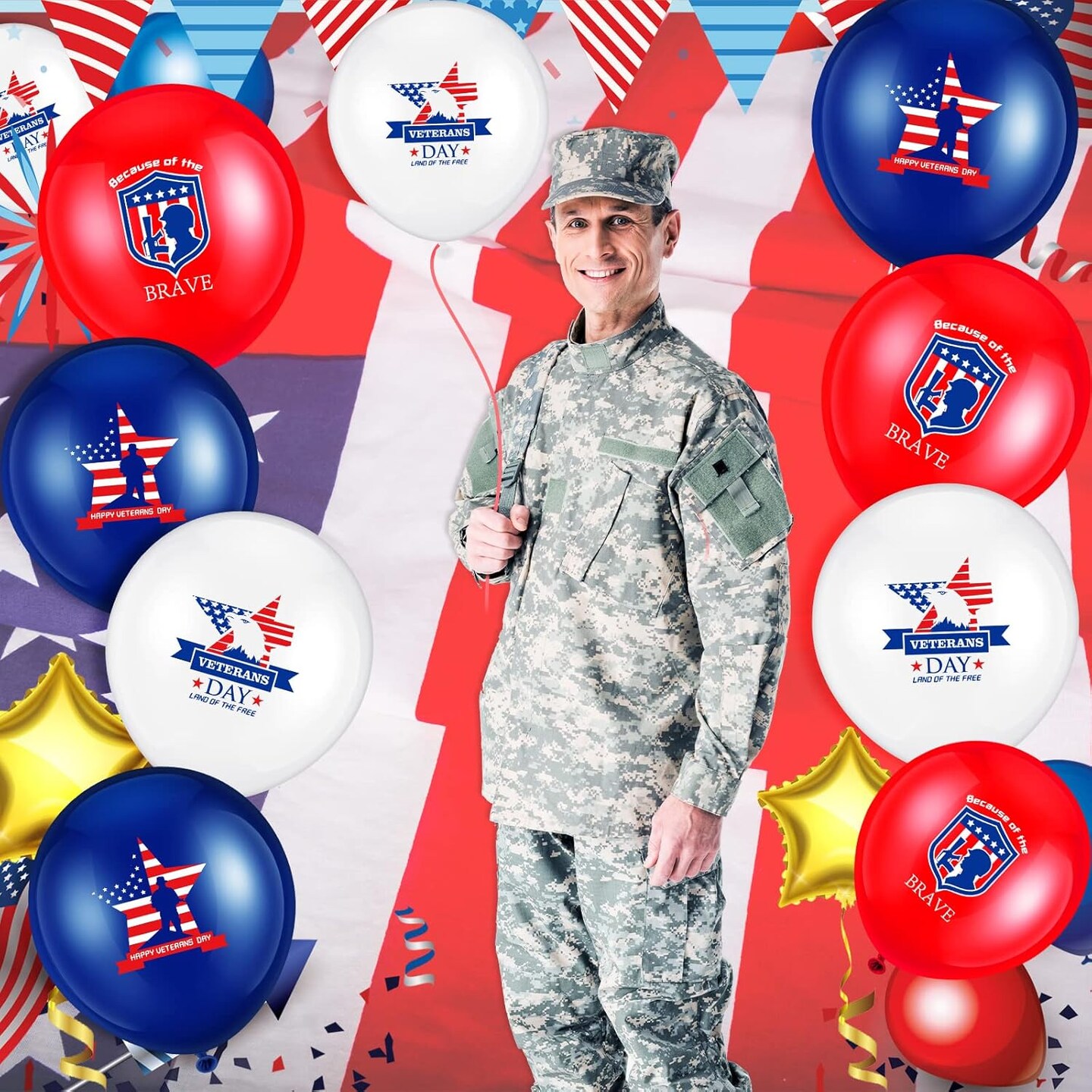 Latex Balloons 60PCS Red, White & Blue Veterans Balloons – American Flag & “Happy Day” Printed Party Supplies for Memorial Day, Patriotic Celebrations & USA Parties