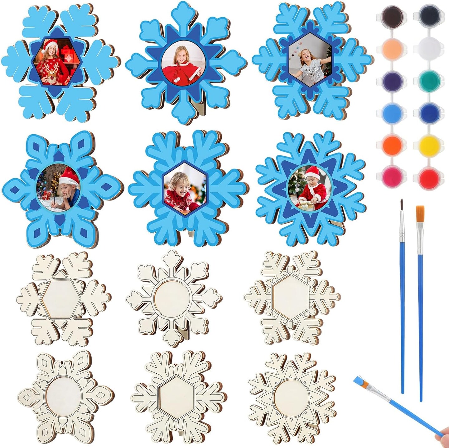 24-Pack Winter Snowflake Wooden Picture Frame Craft Kit – Color Your Own DIY Christmas Holiday Frames with Paints and Brushes, Fun Family Activity & Gift