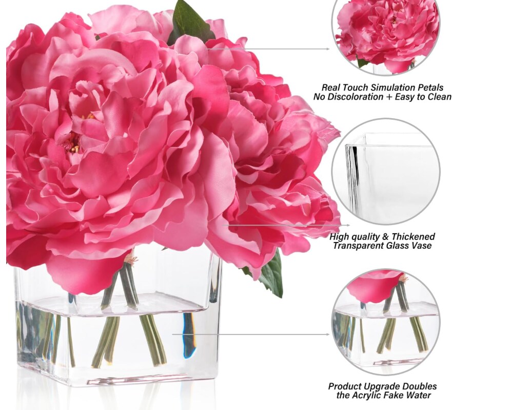 Spring Tabletop Decor – Artificial Peonies in Cube Glass Vase, Silk Flower Centerpiece with Faux Water, Fuchsia Faux Peonies for Dining Table, Coffee Table, Home Decor