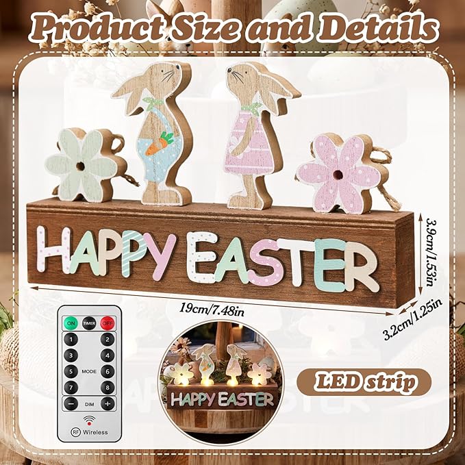 Light Up Happy Easter Sign Wooden Easter Bunny Decoration for Home, Easter Tabletop Decor Neutral Bunny Block Rustic Farmhouse Holiday Decorations for Dining Room, Kitchen, Spring Decor