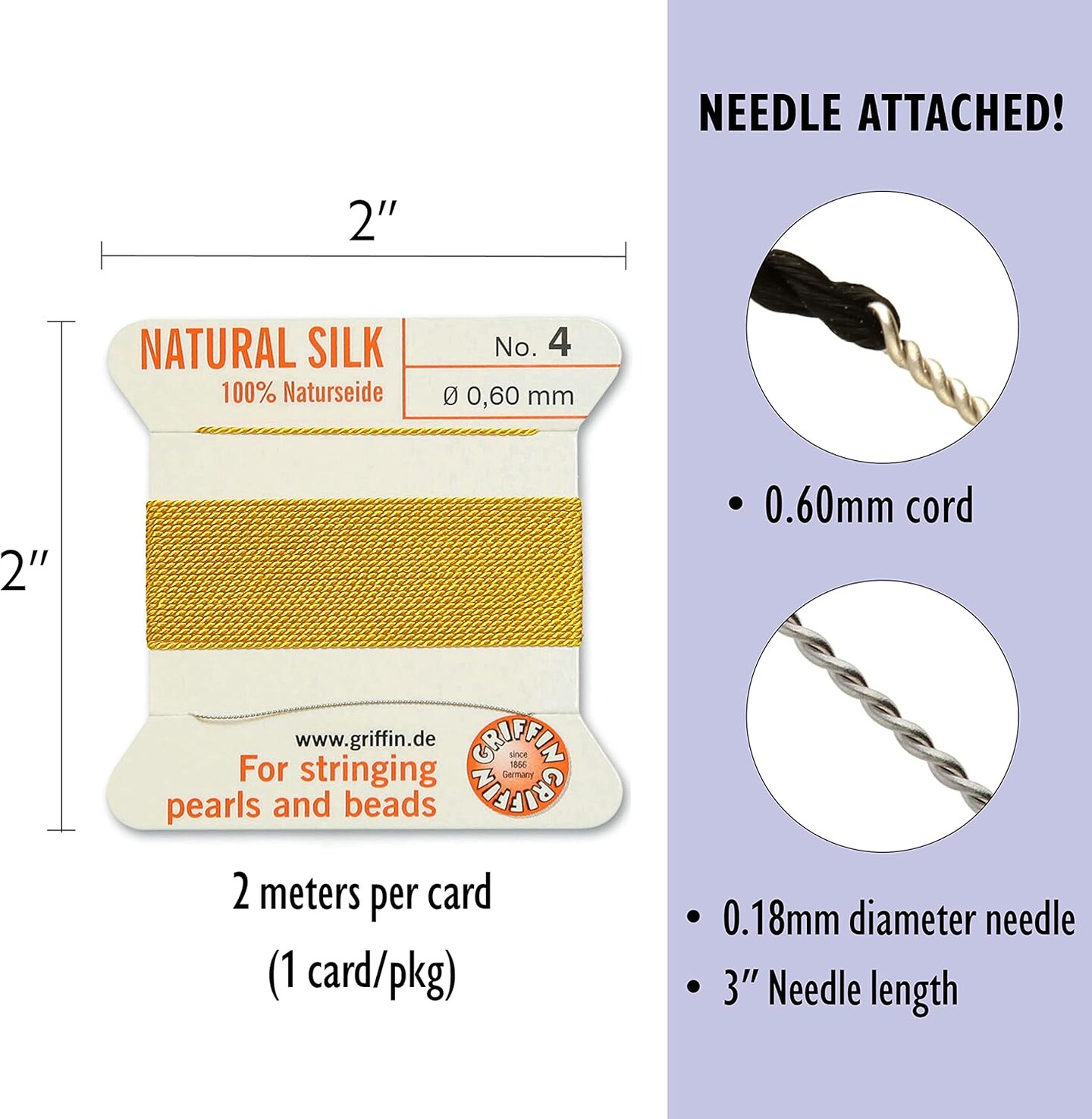 Griffin Silk Bead Cord Perlseide – Size 4 (0.60mm) – 2 Meters per Card – Stainless Steel Needle Attached – for Knotting Pearls, Gemstones, Crystals and Beads