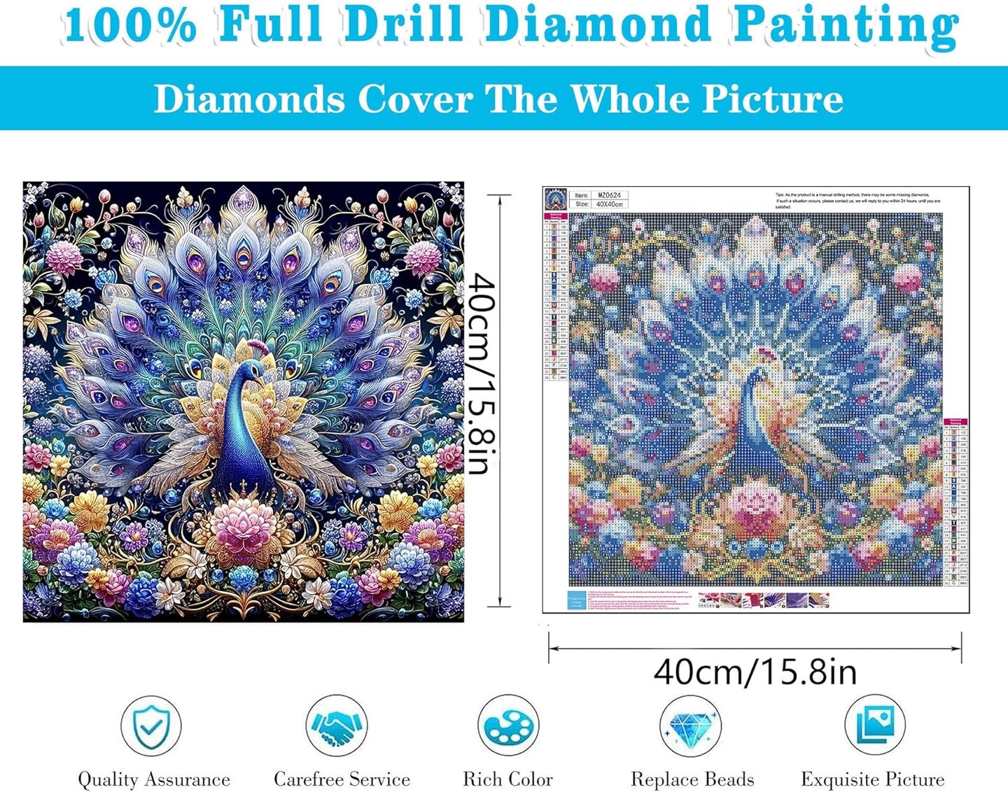 5D DIY Peacock Diamond Painting Kit for Adults – Colorful Diamond Art Gem Craft for Beginners, Home Wall Decor, Living Room, Bedroom, Office, 16×16 Inch
